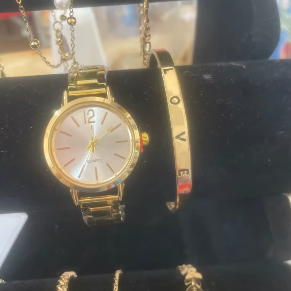 Gold Women's Watch and Bracelet Set